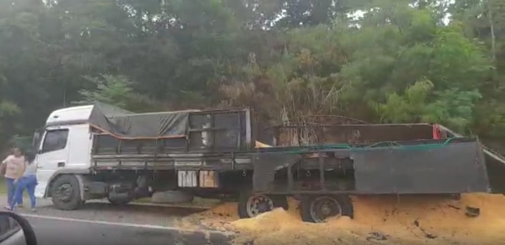 Caminhão carregado de soja pega fogo em rodovia