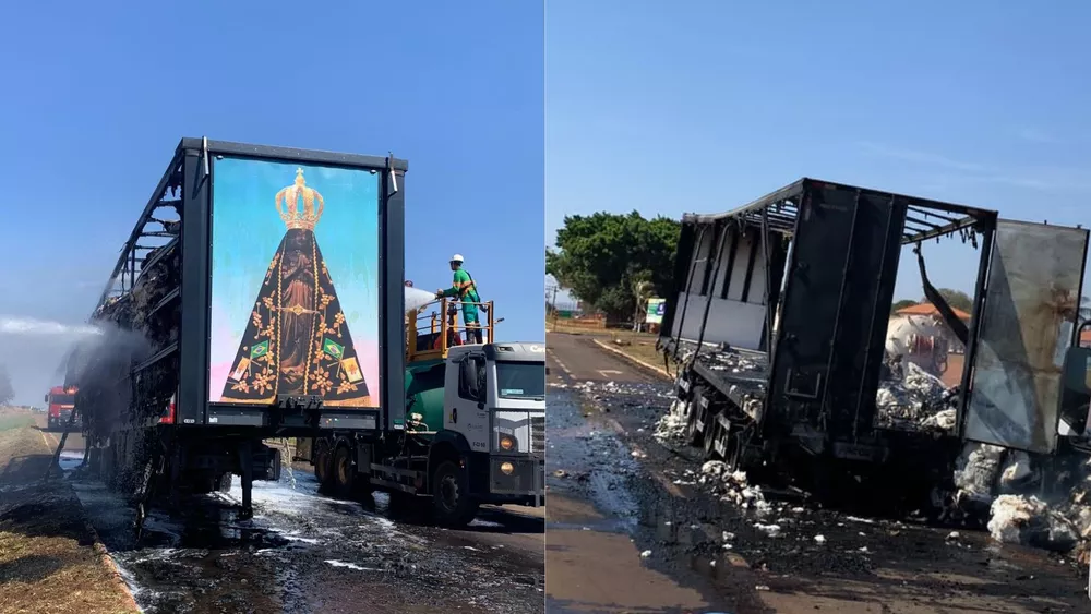 Painel de Nossa Senhora Aparecida fica intacto após fogo destruir carreta de algodão