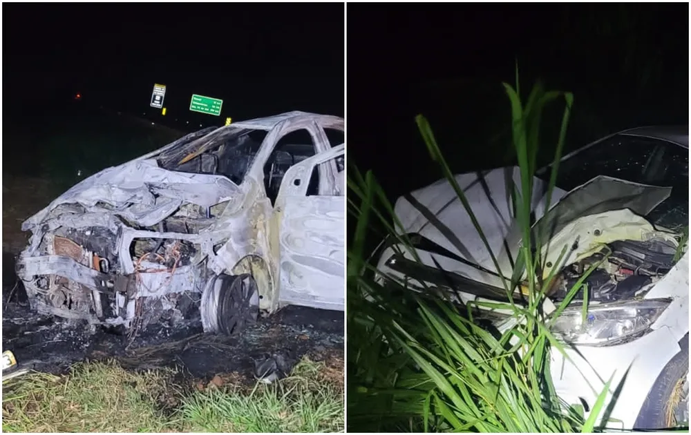 Carro pega fogo em acidente com feridos em rodovia de Bálsamo; motorista fugiu