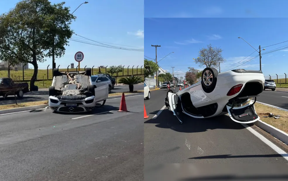 Carro capota e interdita parte da Avenida Getúlio Vargas em Bauru