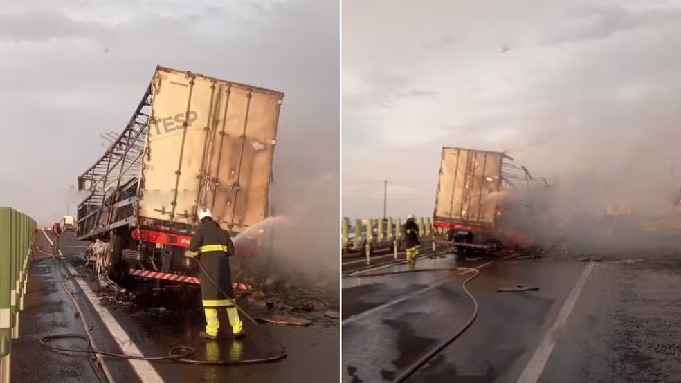 Carga de papelão em carreta pega fogo após motorista passar por incêndio em rodovia no interior de SP