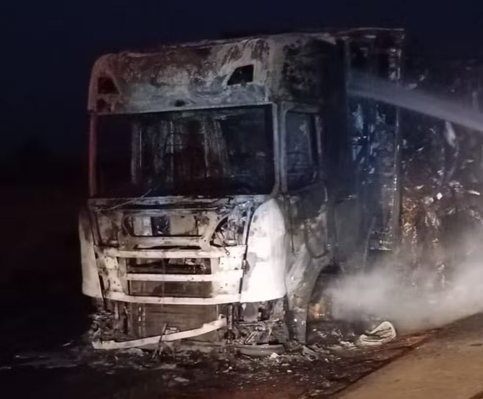 Caminhão de frigorífico pega fogo em rodovia no interior de SP