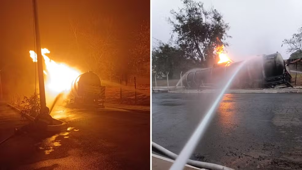 Carreta carregada de petróleo condensado pega fogo em rodovia do interior de SP