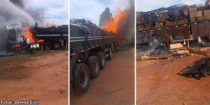 Caminhão com carga de papelão pega fogo em estrada rural de Bastos