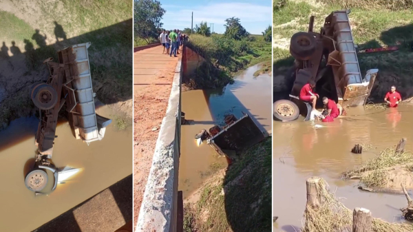 Motorista morre após caminhão despencar de ponte sobre rio